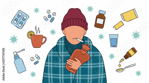 Fotografie Sick person illustration with flu or cold symptoms, surrounded by remedies