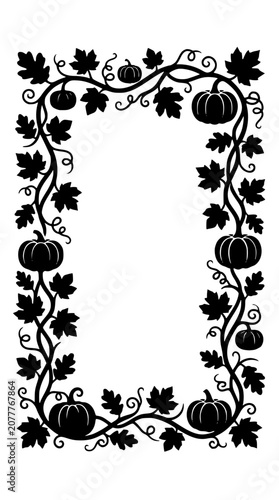 black silhouette pumpkin vine frame with leaves for autumn and halloween