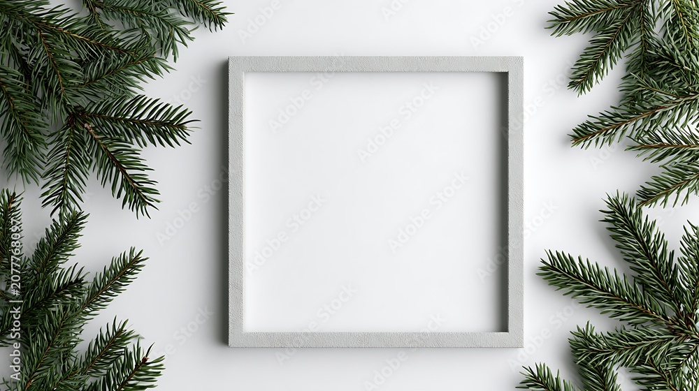 Fototapeta premium Square picture frame with pine branches isolated on white background