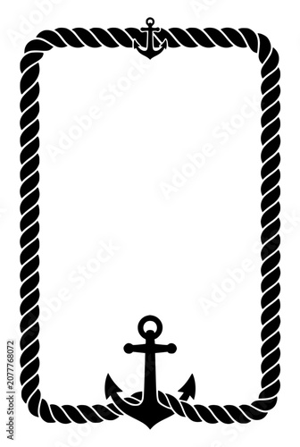 Nautical Rope Frame with Anchor Silhouette Vector Illustration