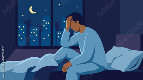 Tableau sur toile Man unable to sleep, sitting in bed at night, suffering from anxiety