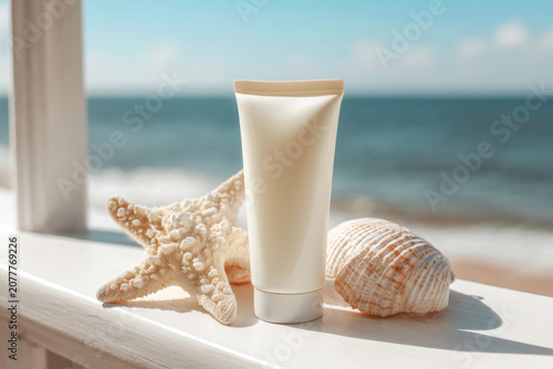 Blank White Sunscreen Tube Mockup Styled with Seashells and Starfish on a Summer Beach