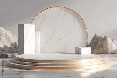 Luxury marble podium mockup with gold trim in an elegant marble exhibition hall