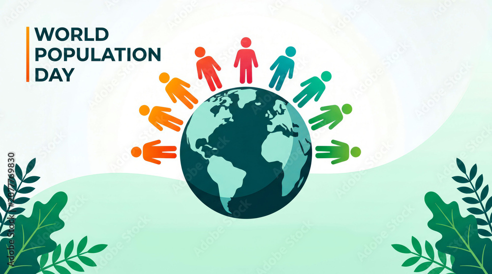 Naklejka premium World population day colorful icons surrounding globe with leafy background