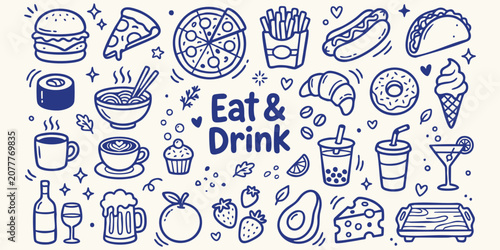 Fotografie Hand drawn doodle food and drink illustrations with 'Eat & Drink' text on a crea