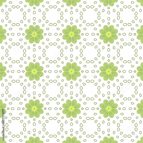 Seamless Green Floral Pattern with Minimalist Flowers and Geometric Leaf Design