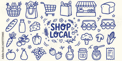Foto Hand drawn doodle icons of fresh groceries and a shop stall with organic produce