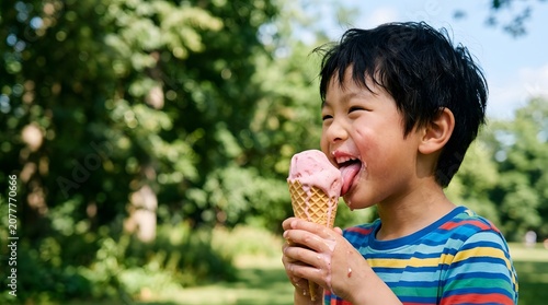 Happy little boy eating delicious ice cream in a sunny green park