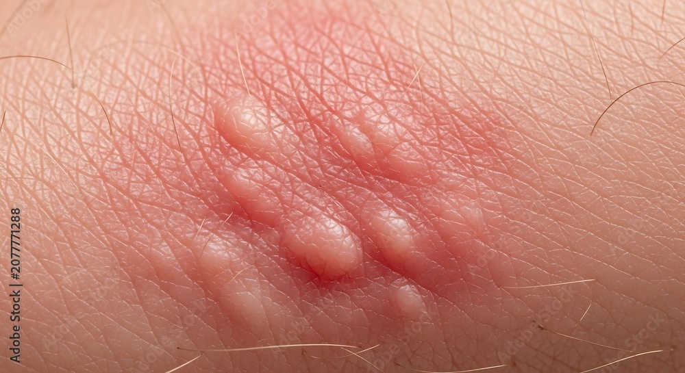Fototapeta premium Close-up of a skin rash with small blisters and redness, indicating a possible allergic reaction or infection.