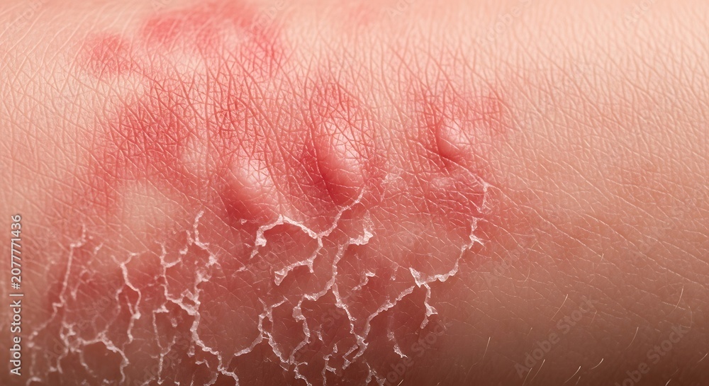 Fototapeta premium Close-up of dry, flaky, and red skin, possibly indicating a skin condition or irritation.