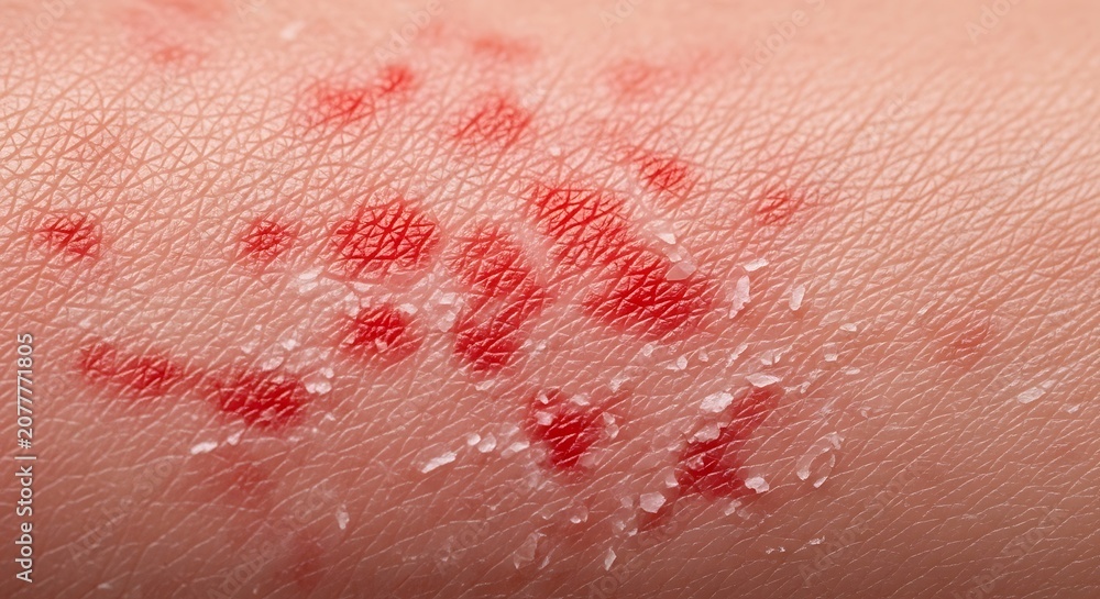 Fototapeta premium Close-up of inflamed skin with red patches and flaky texture, indicating a skin condition.