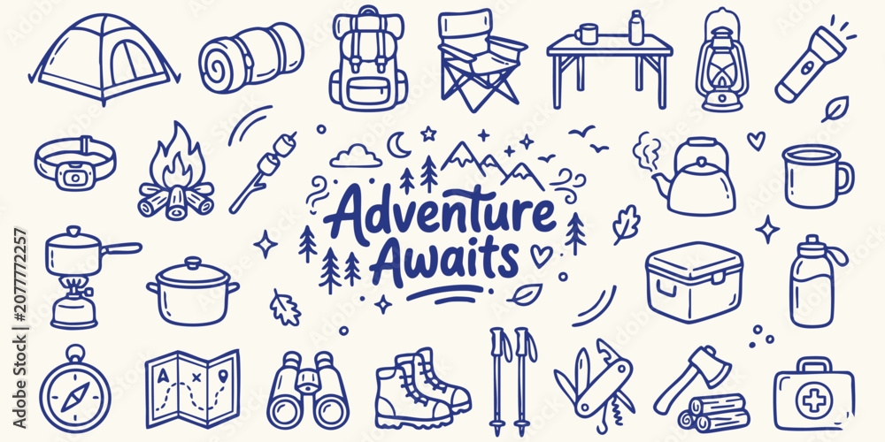 Fototapeta premium Hand-drawn camping gear and outdoor equipment icons set with 'Adventure Awaits' text on a cream background for travel concept