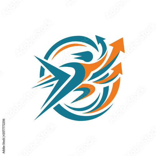 A dynamic abstract graphic showing a stylized figure moving with upward arrows