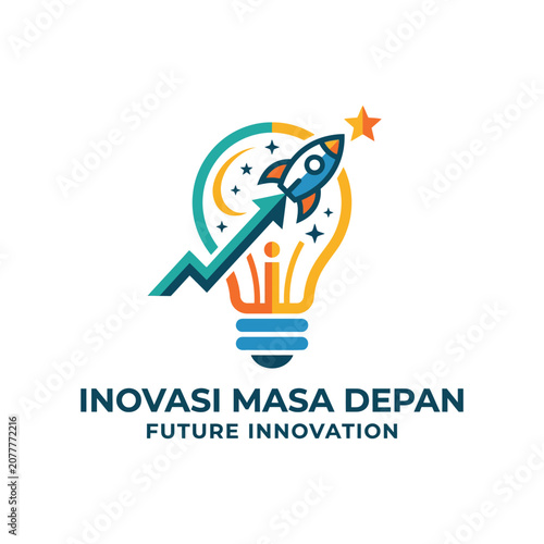 A colorful graphic illustration of a light bulb and a launching rocket ship