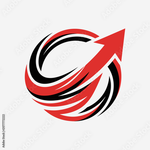 A red arrow pointing upwards within a circular abstract design element