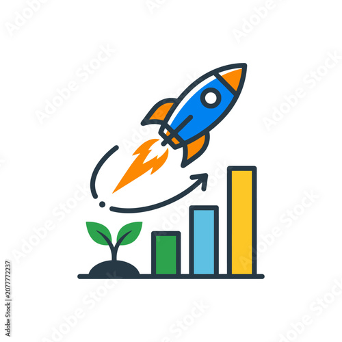 A colorful icon showing a rising bar chart with a launching rocket ship