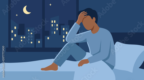 Foto Man suffering from insomnia or anxiety in bed at night by window