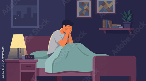 Bild auf Leinwand Man suffering from insomnia sitting in bed at night, unable to sleep