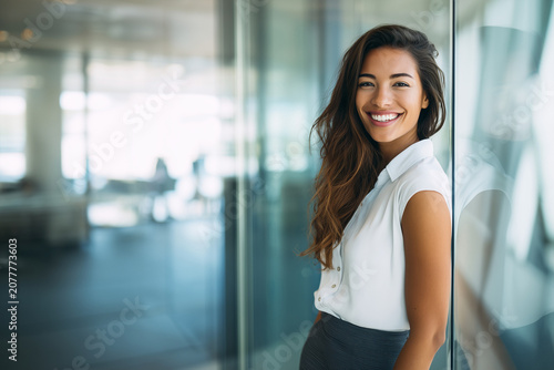 Young attractive business leader, elegant skirt, talent development seminar, motivated workforce, confident CEO, professional office portrait.