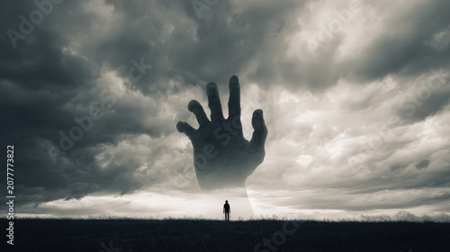A silhouetted figure stands against a dramatic, stormy sky, reaching towards an oversized, ghostly hand that emerges from the swirling clouds, evoking a sense of dread and unease.