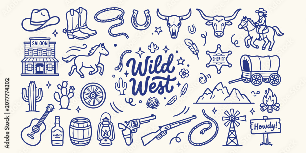 Fototapeta premium Whimsical hand-drawn wild west icons and elements on a textured background representing frontier life and cowboy culture