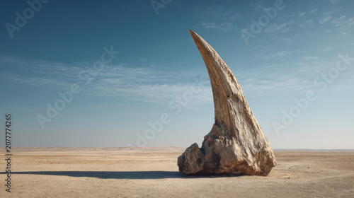 A solitary, ancient, and weathered bone stands as a stark monument in the vast, desolate expanse of a sun-drenched desert landscape under a clear blue sky.