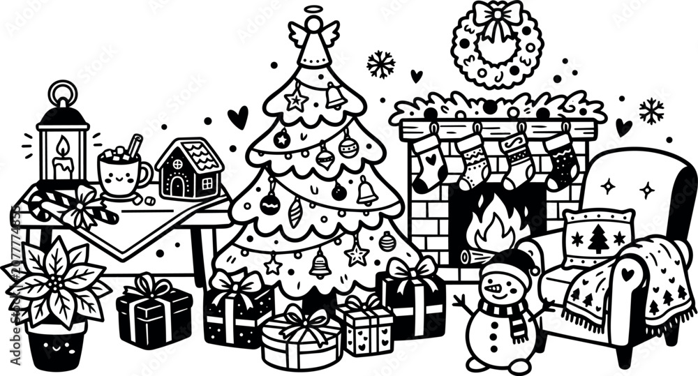 Fototapeta premium Christmas festive living room with decorated tree, fireplace, gifts, and holiday decor