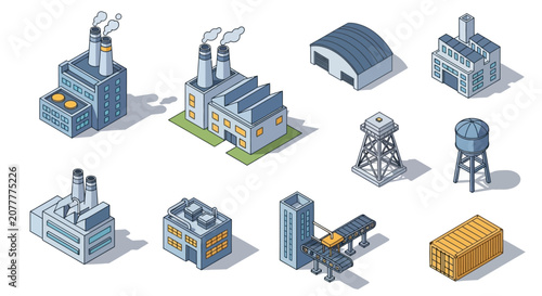 Isometric factory and industrial infrastructure icons set with different building designs
