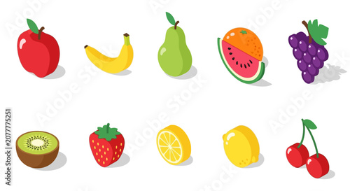 Isometric Fruits: A vibrant visual compilation showcasing various colorful and delicious fruits