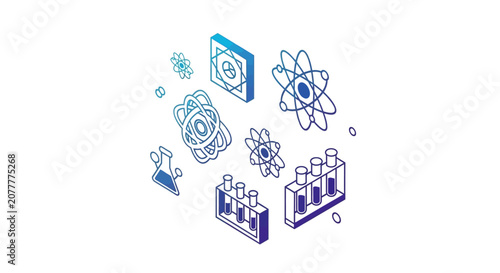Isometric scientific illustrations of atoms and lab equipment in gradient blue tones