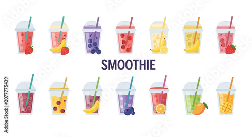 Variety of Fresh Fruit Smoothies in Cups with Straws, Refreshing Beverage Drinks Collection
