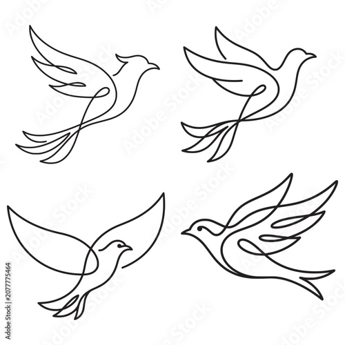 Set of bird silhouettes drawn with single continuous line.