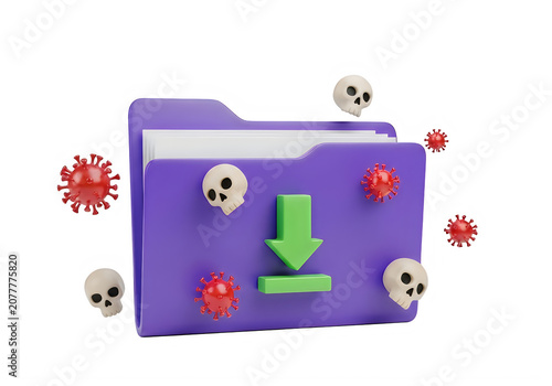Purple digital folder icon with green download arrow and red virus and skull symbols