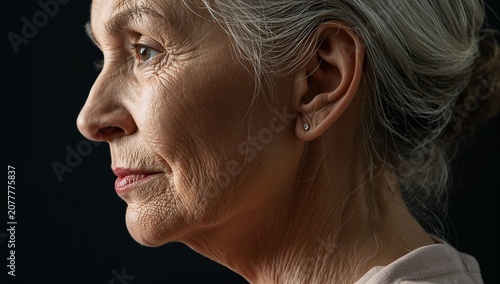 Profile portrait of an elderly woman with silver grey hair