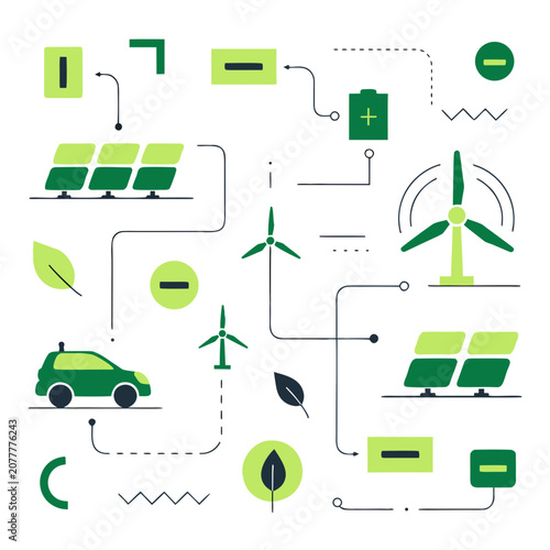 Sustainable green energy concept with wind turbines, solar panels and electric car icons, electric