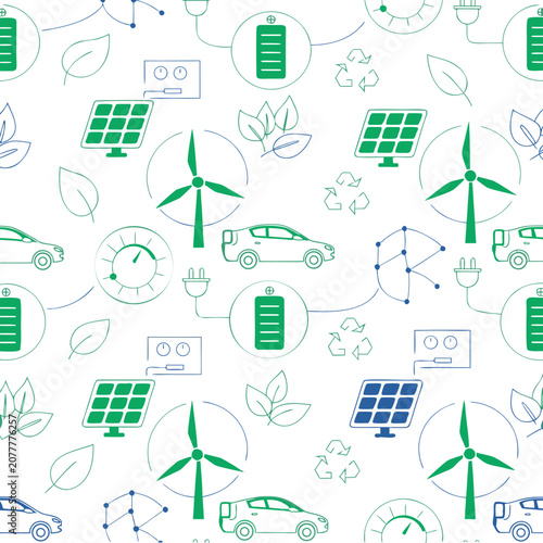 Seamless pattern background featuring green energy icons and sustainability symbols, sustainable