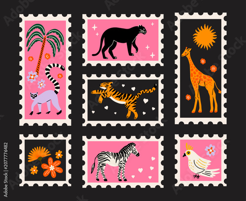 Canvas Print Jungle vibes themed vector post stamps sticker elements set