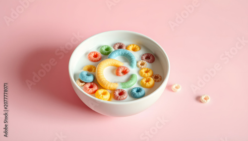 Bowl with colorful sweet cereal rings and paper milk drops on pink table, flat design. White tone