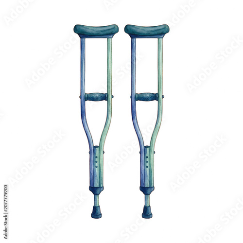 Watercolor illustration of pair of medical crutches