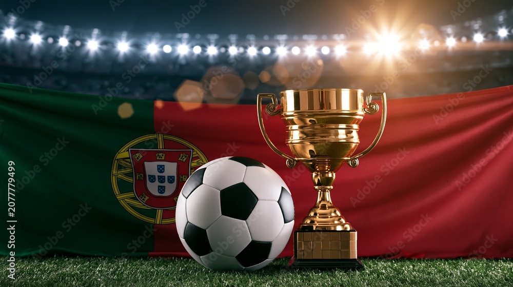 Fototapeta premium Portuguese flag waving behind a gleaming golden award and a traditional soccer ball on an illuminated stadium pitch