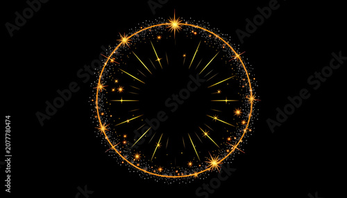 Magic stars element with sparks. Celestial circle frame. Shape with glitter. Bohemian mystic round with glowing starburst. Decorative abstract moon, vector style. White tone