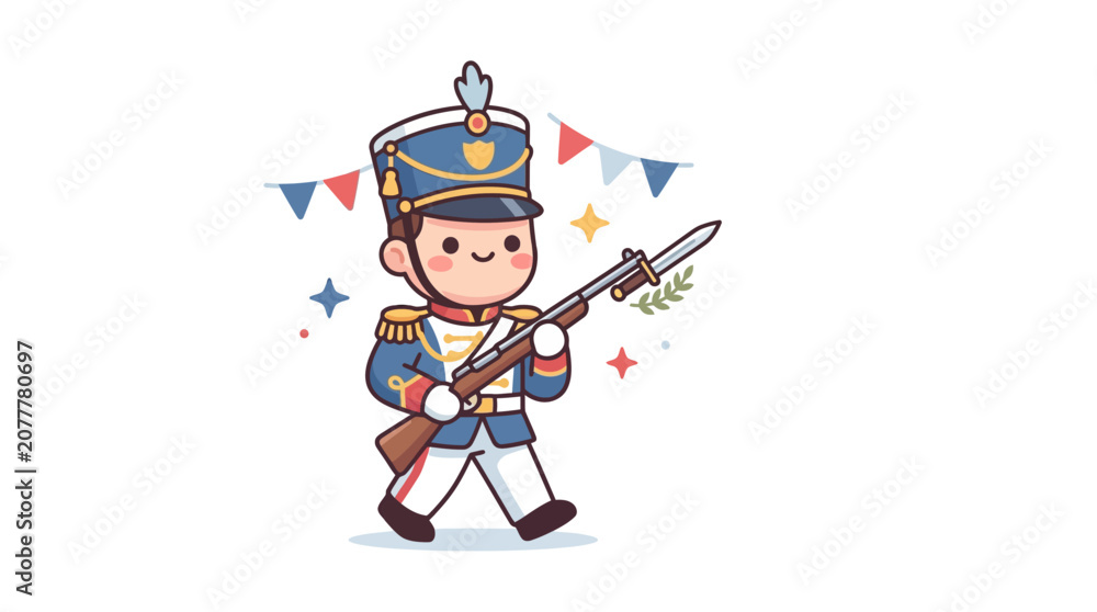 Fototapeta premium Cute Cartoon Soldier in Ceremonial Uniform Marching in a Parade