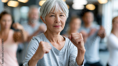 Faceless mature woman practicing martial arts with group of adults in gym, senior active lifestyle concept, mature fitness photography, blurred gym background, with copy space