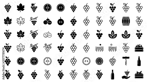 Quadro su tela Grapes and winery icons set with grape bunches leaves wine bottles barrels corks