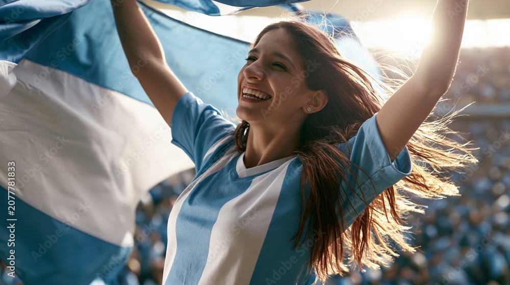 Obraz premium Young woman cheering at a sports event, waving an Argentina flag with arms raised, expressing excitement and pride