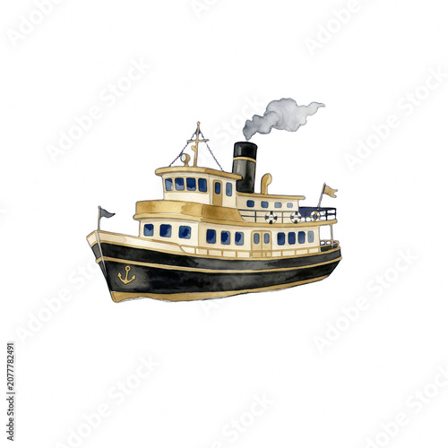 Watercolor illustration of a vintage steam ship