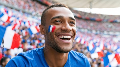 Happy French football supporter cheering and watching a match, expressing national pride and excitement in a stadium crowd