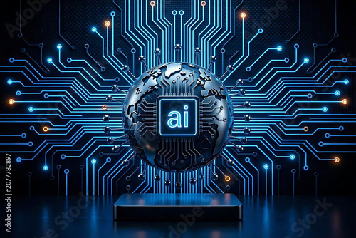 A futuristic glowing AI microprocessor chip in the center with the text 'AI'. Ai futuristic digital globe covered in glowing blue data streams and network node