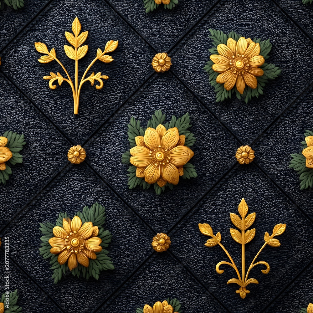 Fototapeta premium Elegant Black Leather Quilted Pattern with Golden Floral Embellishments Seamless Texture