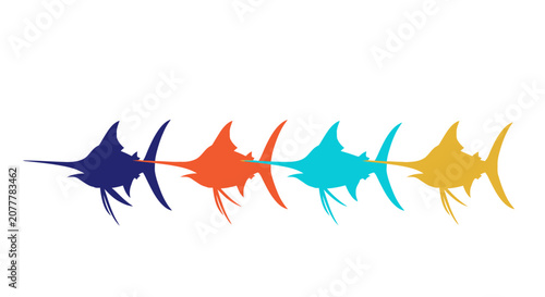 Photography Colorful Marlin Silhouette Lineup - Ocean Fishing and Marine Life